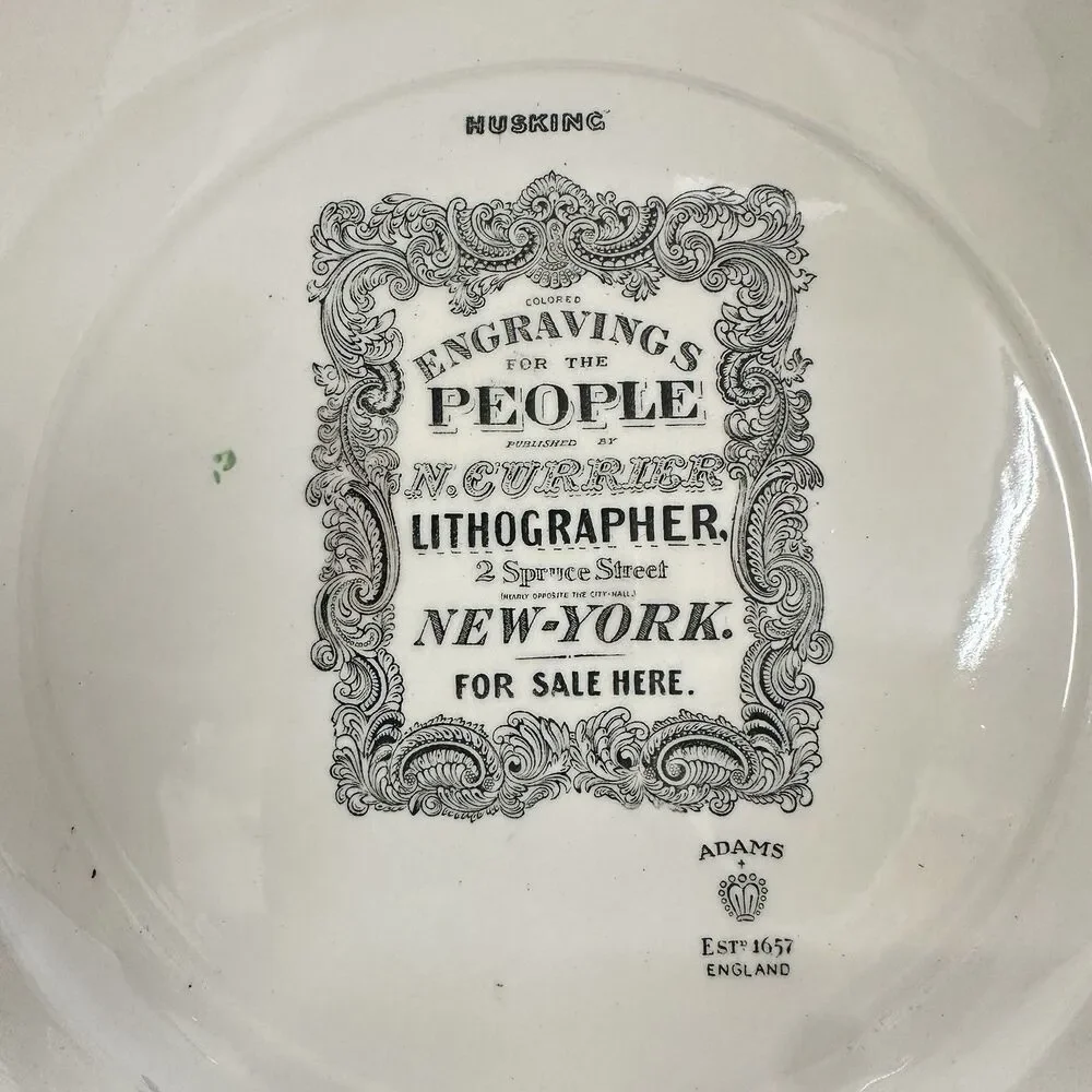 Vtg Adams Husking 10.5” Transferware Dinner Plate England Floral Farm Scene